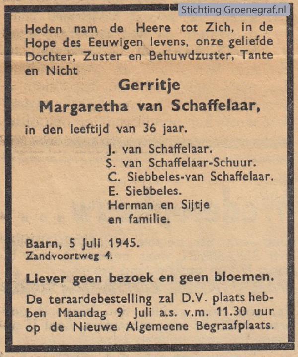 Overlijdensscan Gerritje Margaretha van Schaffelaar