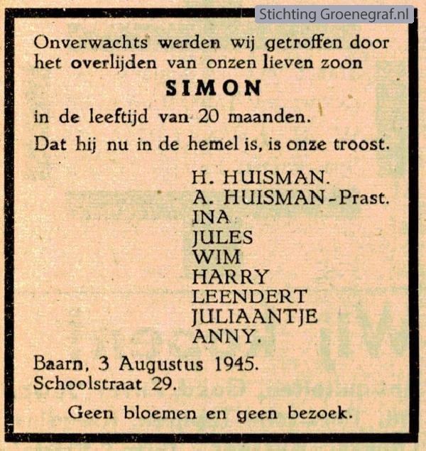 Overlijdensscan Simon Petrus  Huisman