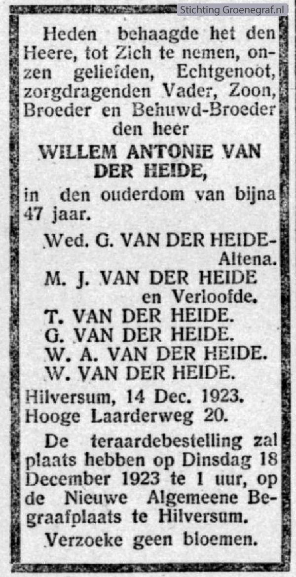 Overlijdensscan Willem Antonie van der Heide