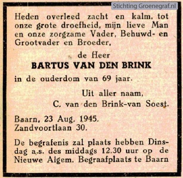 Overlijdensscan Bartus van den Brink