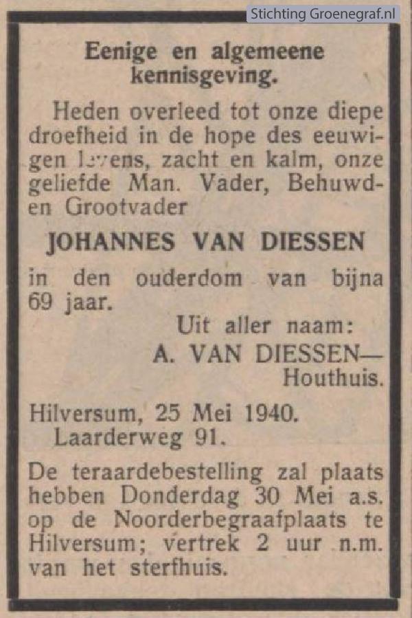 Overlijdensscan Johannes van Diessen