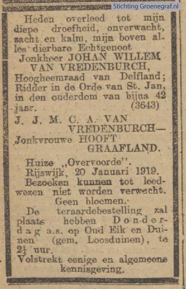 Overlijdensscan Johan Willem  Vredenburch