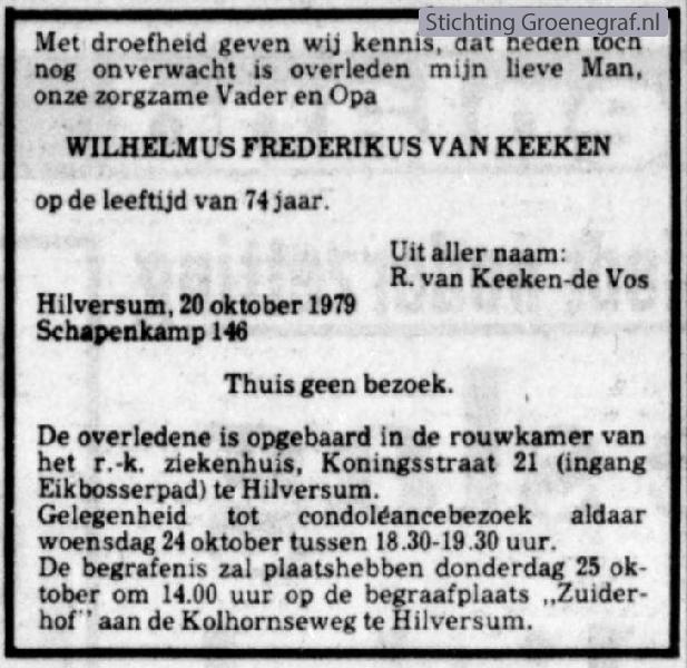 Overlijdensscan Wilhelmus Frederikus van Keeken