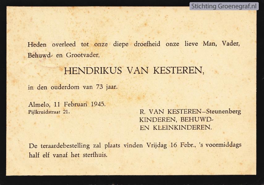 Overlijdensscan Hendrikus van Kesteren