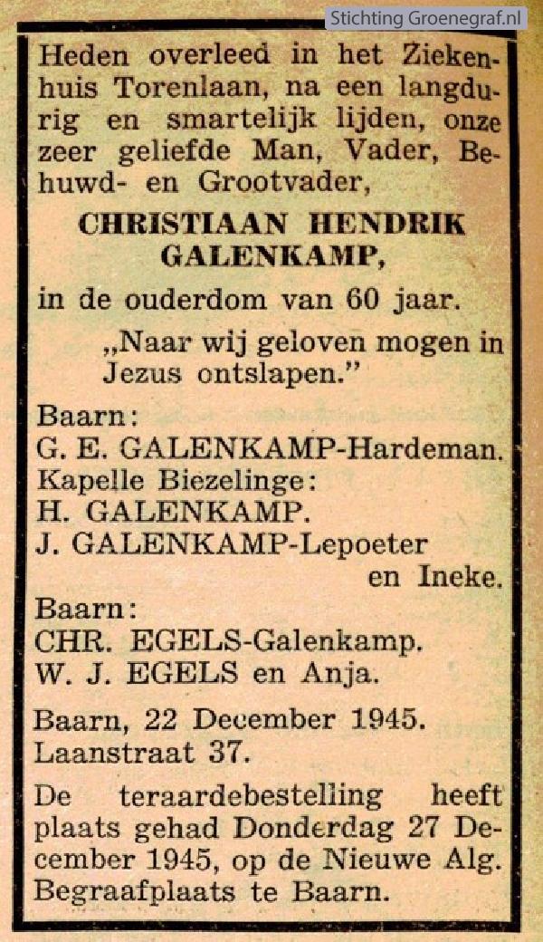 Overlijdensscan Christiaan Hendrik  Galenkamp