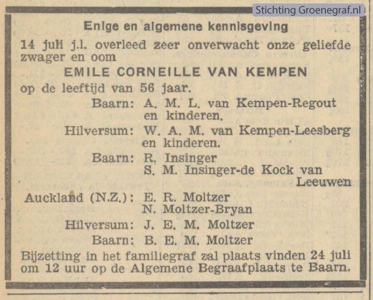 Overlijdensscan Emile Corneille van Kempen