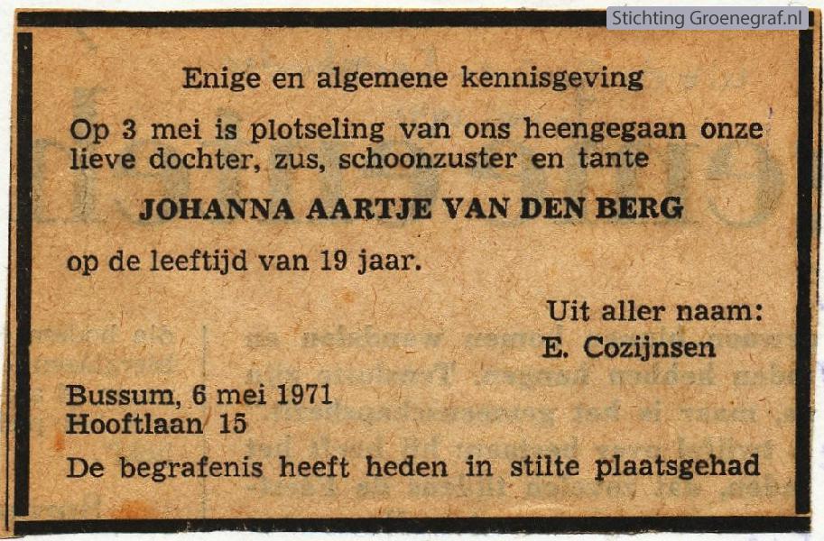 Overlijdensscan Johanna Aartje van den Berg