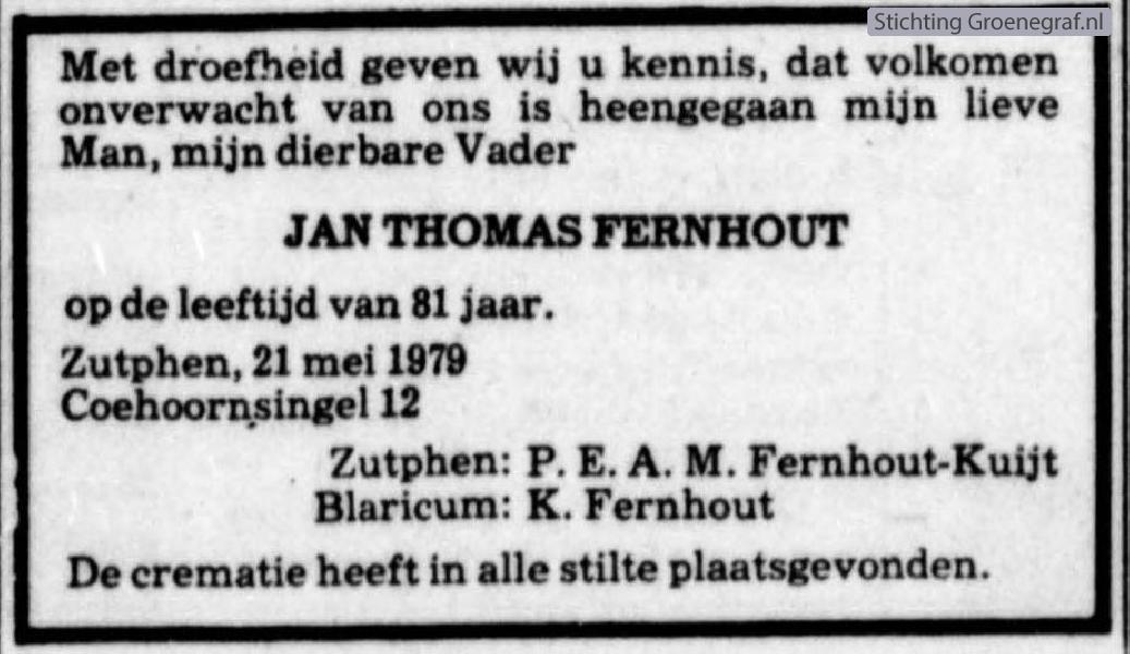 Overlijdensscan Jan Thomas  Fernhout