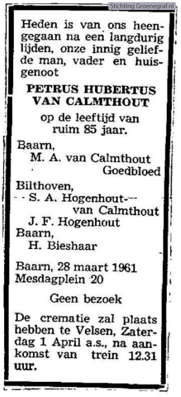 Overlijdensscan Petrus Hubertus van Calmthout