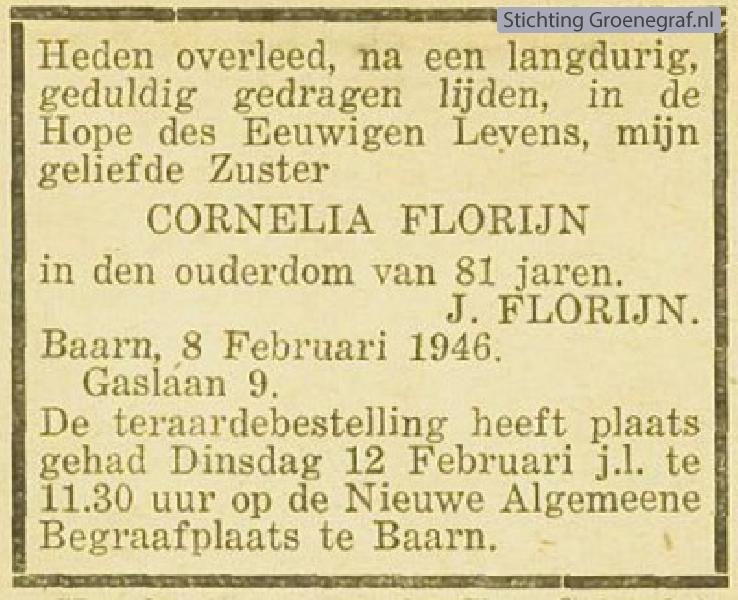 Overlijdensscan Cornelia  Florijn