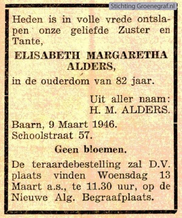 Overlijdensscan Elisabeth Margaretha  Alders