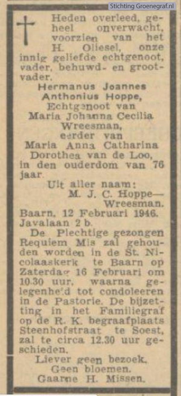 Overlijdensscan Hermanus Joannes Antonius  Hoppe