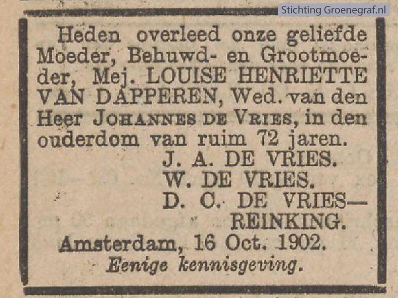 Overlijdensscan Louise Henriette van Dapperen