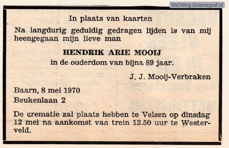 Overlijdensscan Hendrik Arie  Mooij