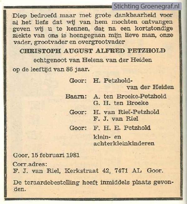 Overlijdensscan Christoph August Alfred  Petzhold