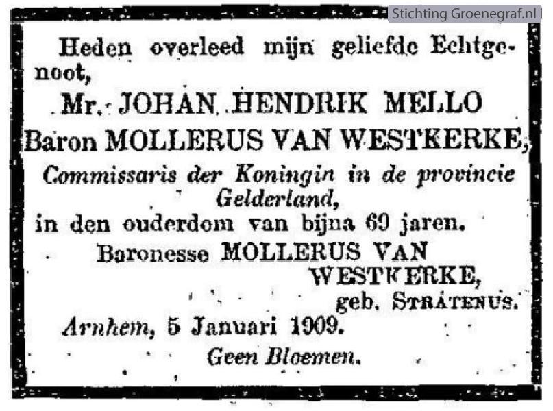 Overlijdensscan Johan Hendrik Mello  Mollerus van Westkerke