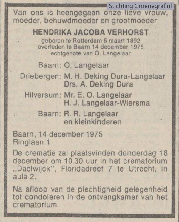 Overlijdensscan Hendrika Jacoba  Verhorst