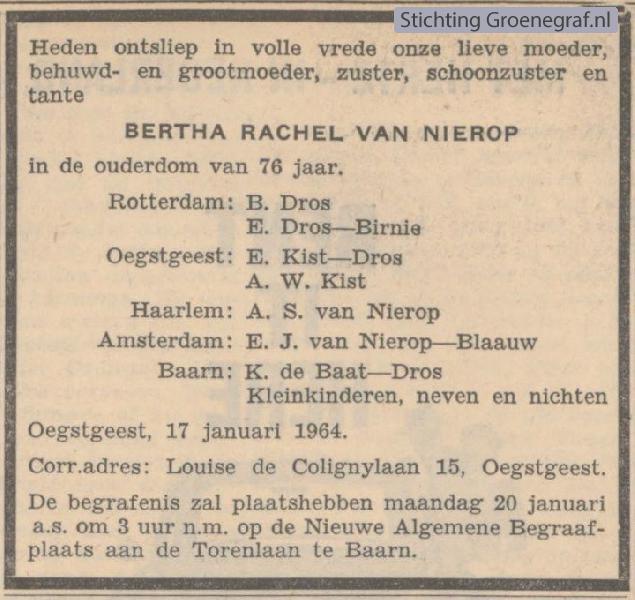 Overlijdensscan Bertha Rachel van Nierop