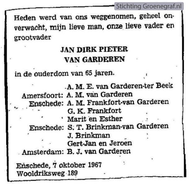 Overlijdensscan Jan Dirk Pieter van Garderen