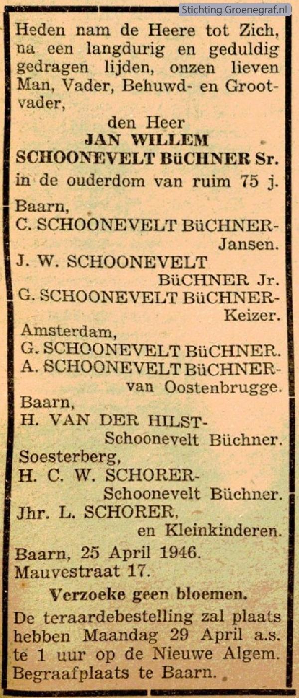 Overlijdensscan Jan Willem  Schoonevelt Büchner