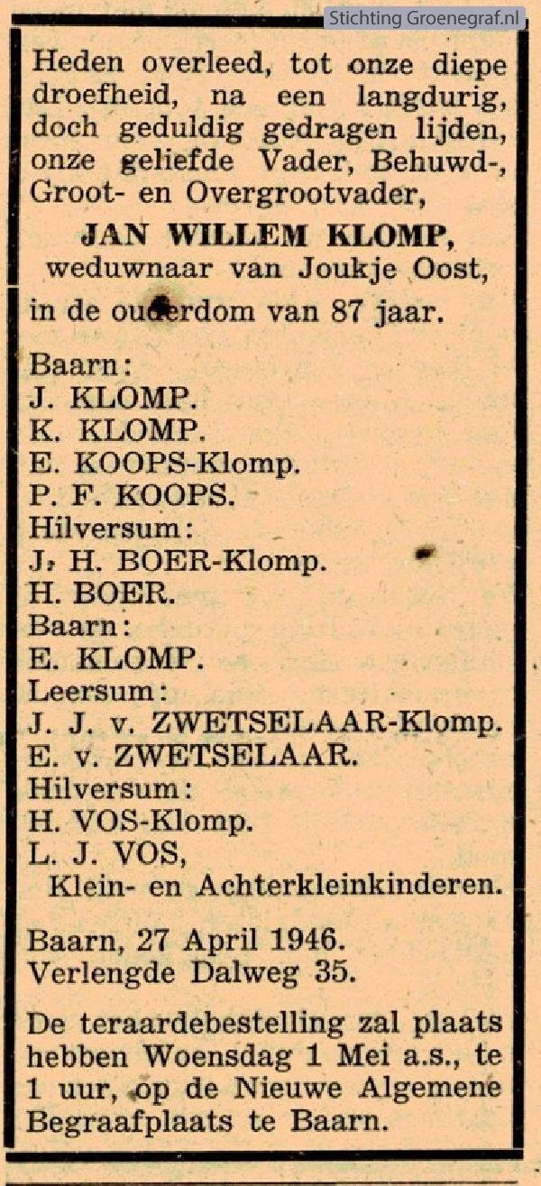 Overlijdensscan Jan Willem  Klomp