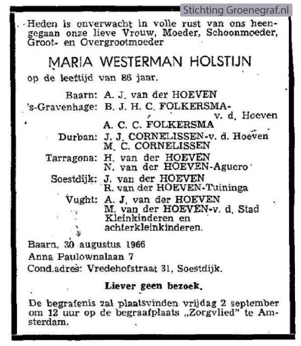 Overlijdensscan Maria  Westerman Holstijn