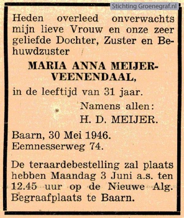 Overlijdensscan Maria Anna  Veenendaal