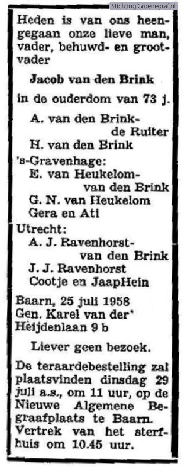 Overlijdensscan Jacob van den Brink
