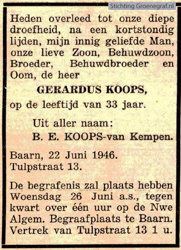 Overlijdensscan Gerardus  Koops