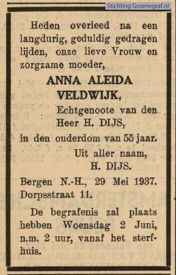 Overlijdensscan Anna Aleida  Veldwijk