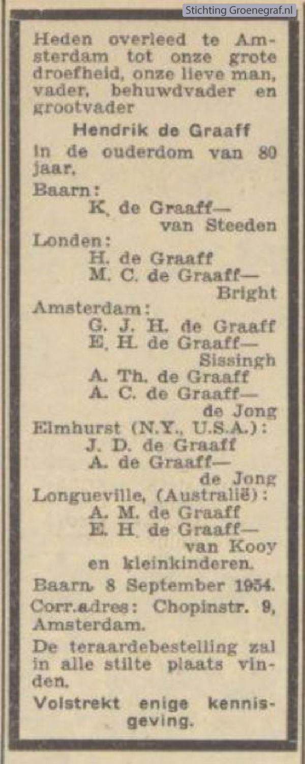 Overlijdensscan Hendrik de Graaff