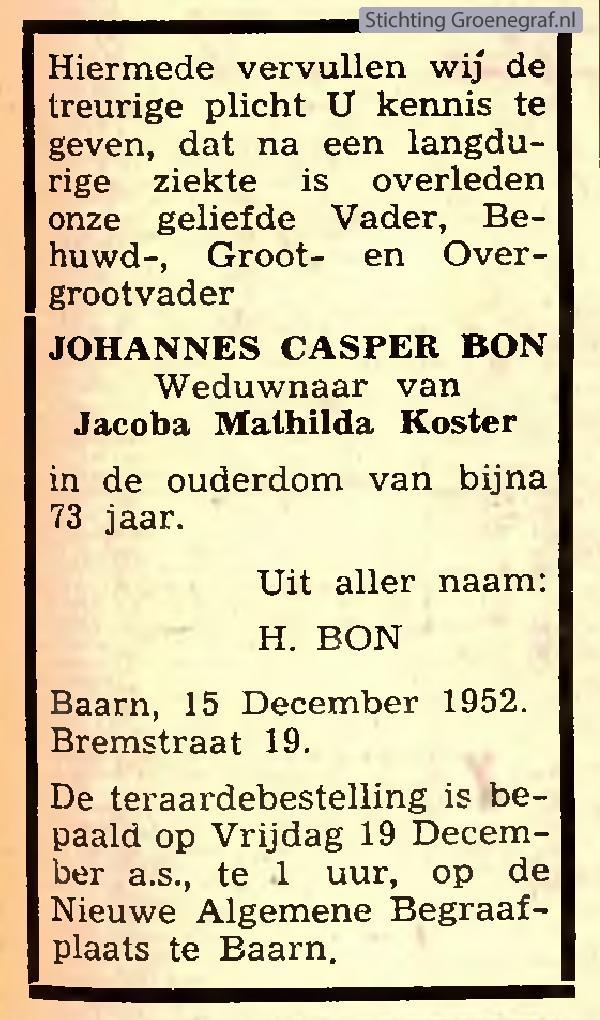 Overlijdensscan Johannes Casper  Bon