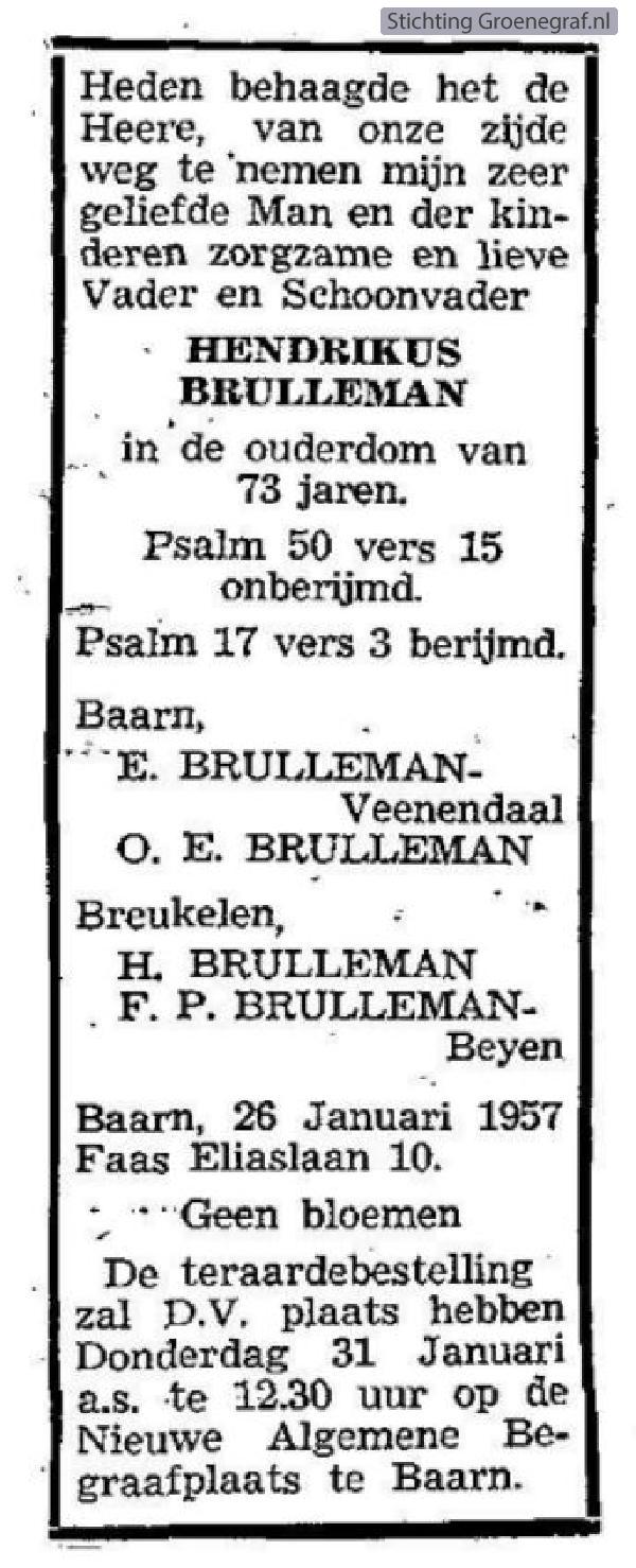 Overlijdensscan Hendrikus  Brulleman