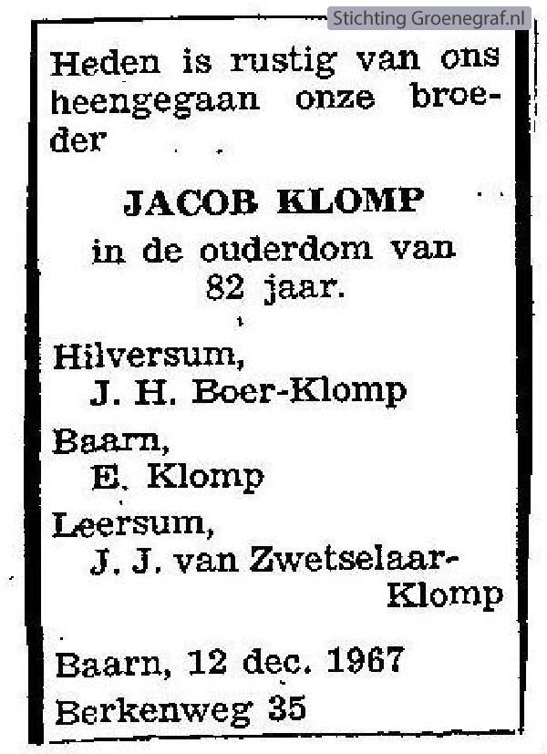 Overlijdensscan Jacob  Klomp