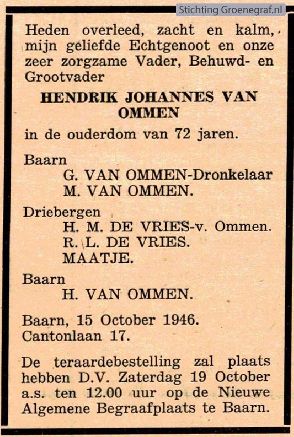 Overlijdensscan Hendrik Johannes van Ommen