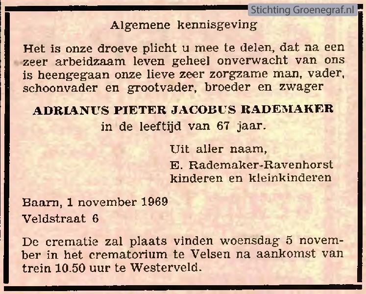 Overlijdensscan Adrianus Pieter Jacobus  Rademaker