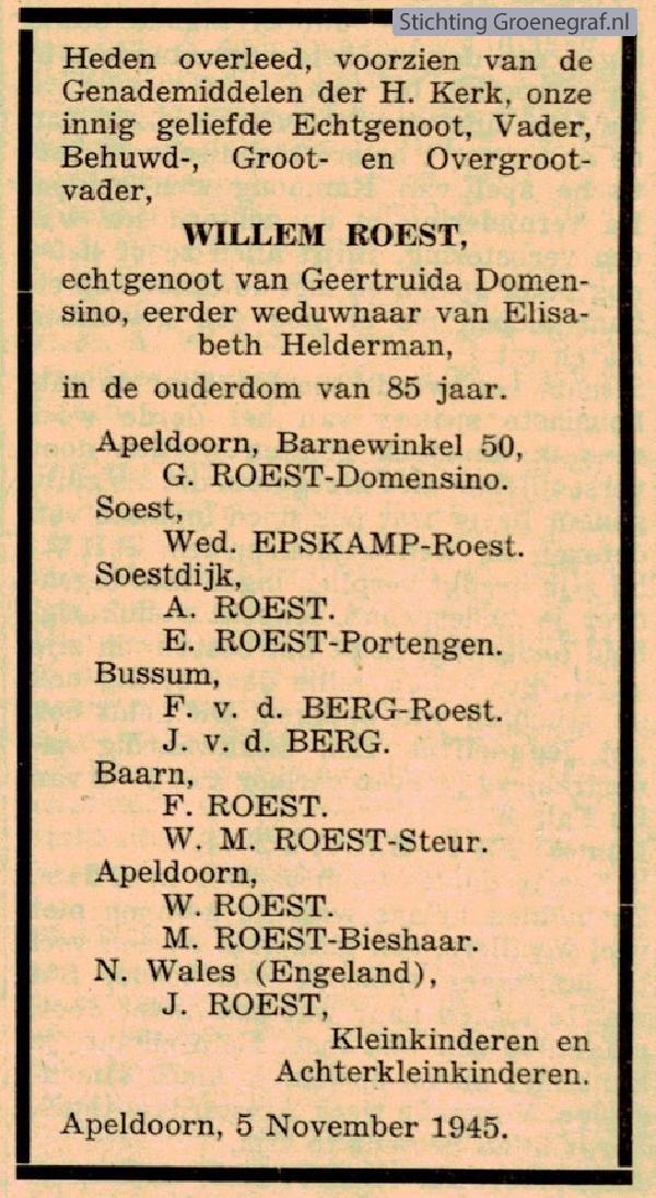 Overlijdensscan Willem  Roest