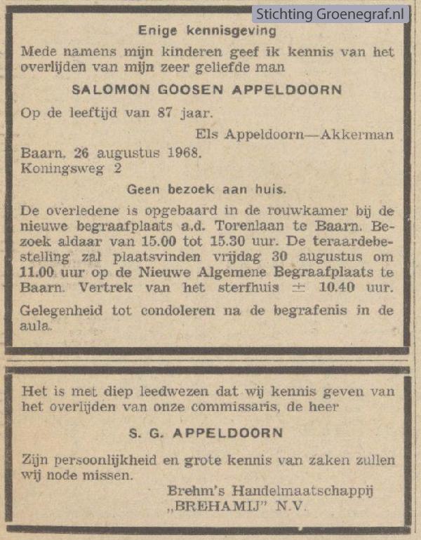 Overlijdensscan Salomon Goosen  Appeldoorn