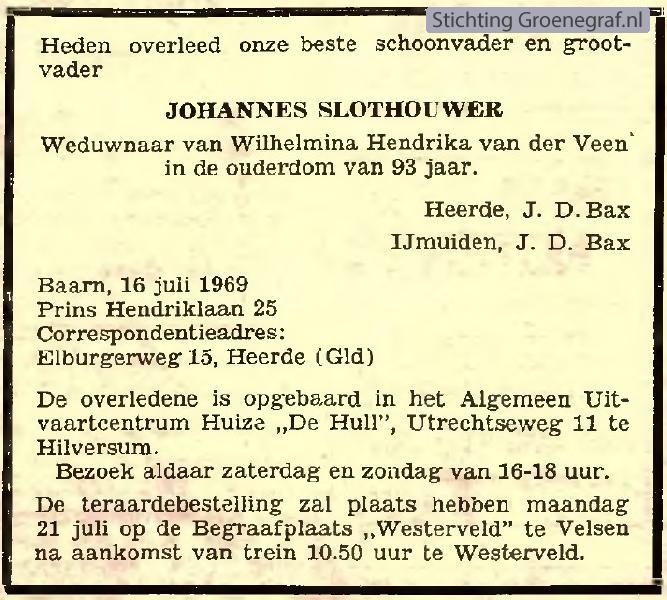 Overlijdensscan Johannes  Slothouwer