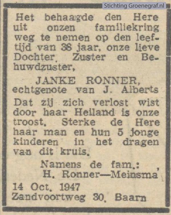 Overlijdensscan Janke  Ronner