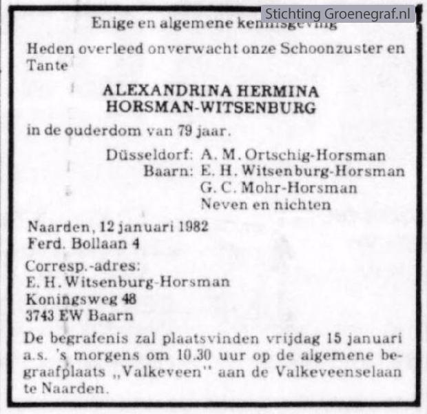 Overlijdensscan Alexandrina Hermina  Witsenburg