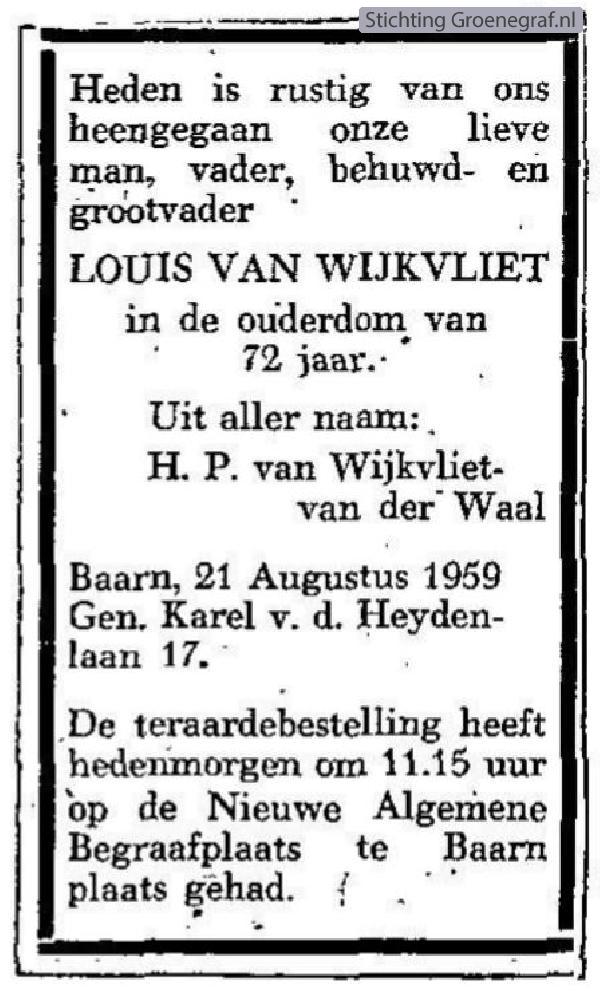Overlijdensscan Klaas Lodewijk van Wijkvliet