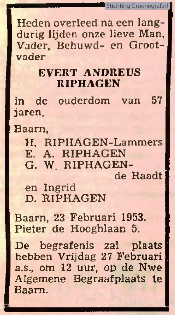 Overlijdensscan Evert Andreus  Riphagen