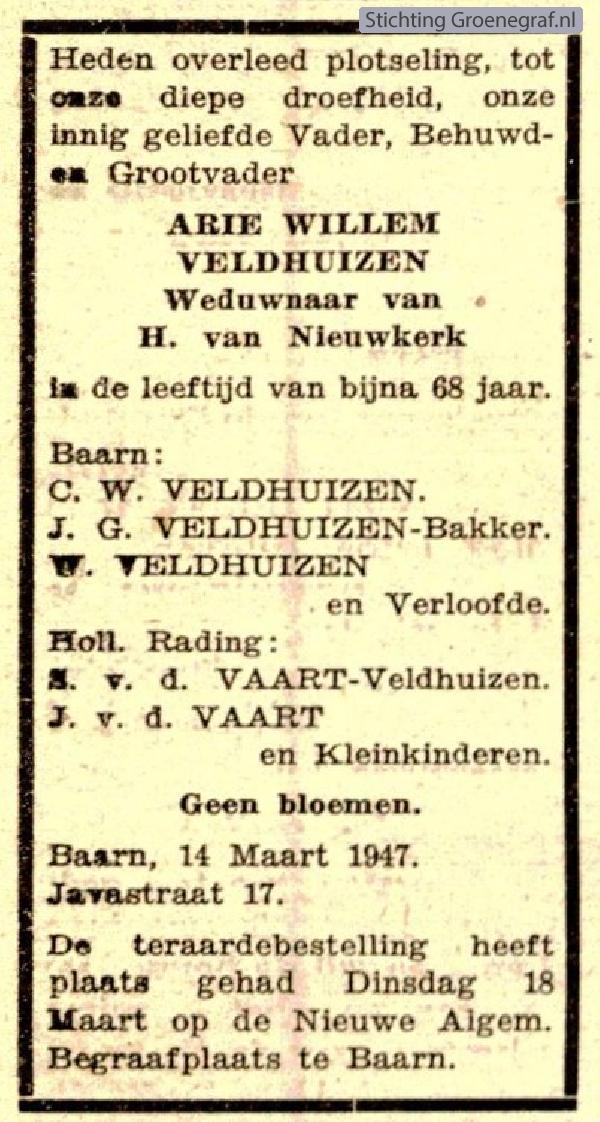 Overlijdensscan Arie Willem  Veldhuizen