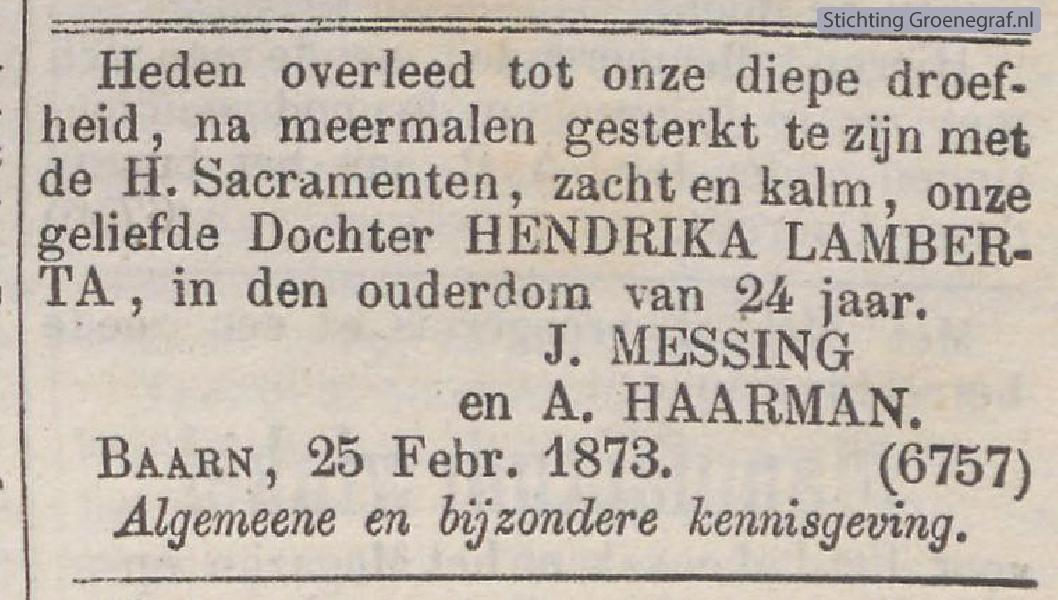 Overlijdensscan Hendrika Lamberta  Messing