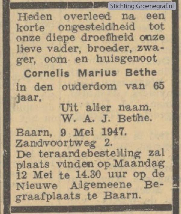 Overlijdensscan Cornelis Marius  Bethe