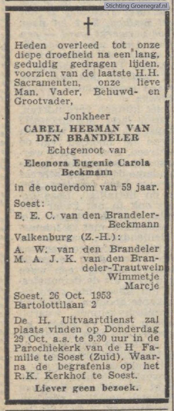 Overlijdensscan Jhr. Carel Herman van den Brandeler