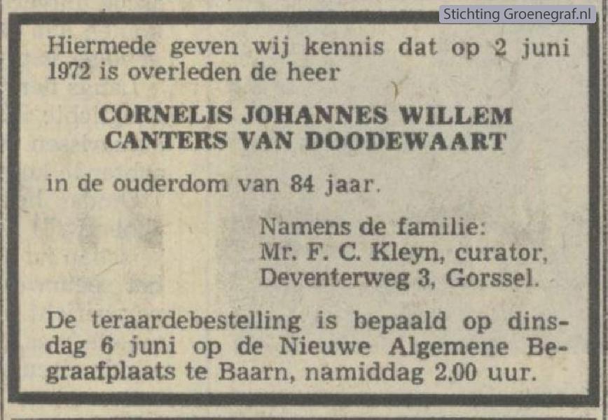 Overlijdensscan Cornelis Johannes Willem  Canters van Doodewaart
