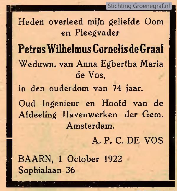 Overlijdensscan Petrus Wilhelmus Cornelis de Graaf