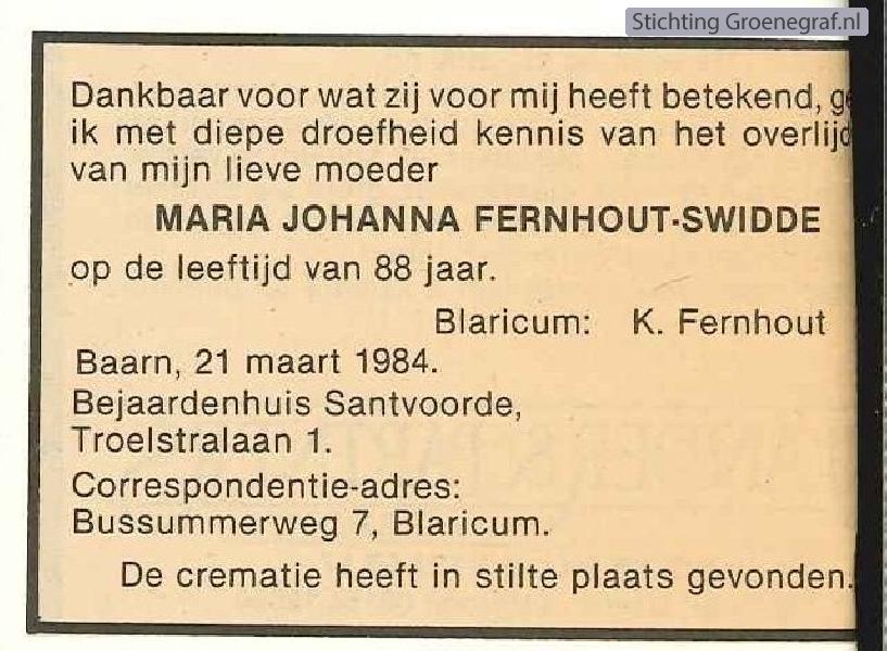 Overlijdensscan Maria Johanna  Swidde